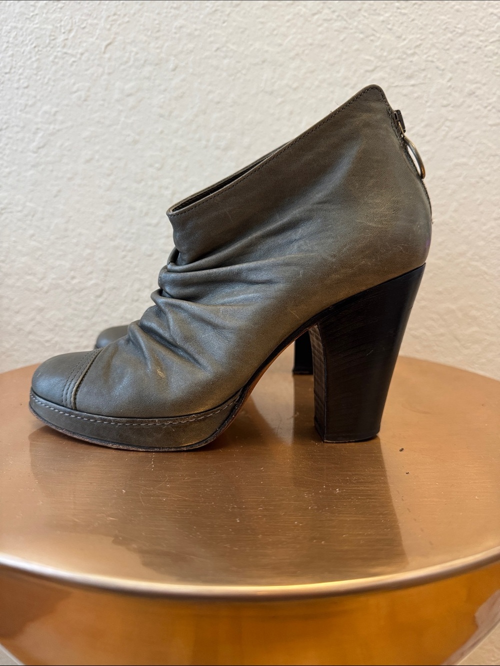 Fiorentini + Baker Nia Olive Green Leather Ruched Ankle Boots - Block Heel